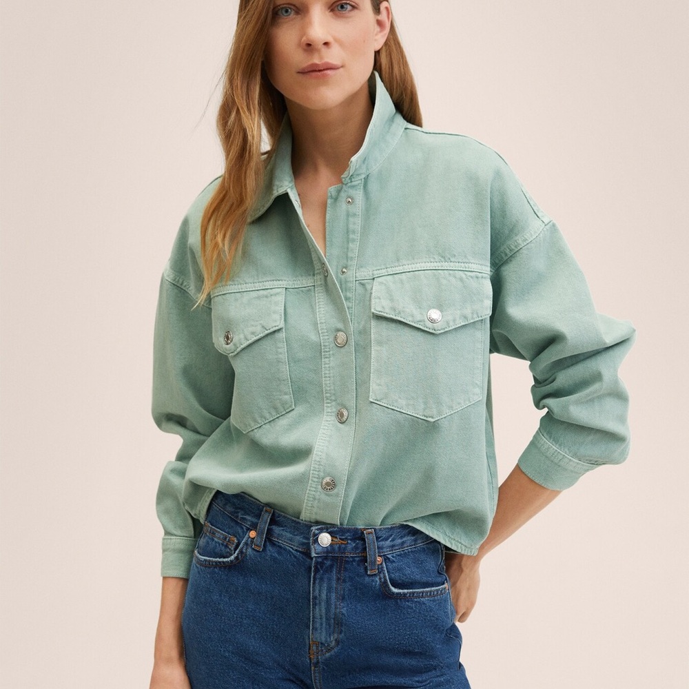 Mint Green Button-Up Denim Shirt
